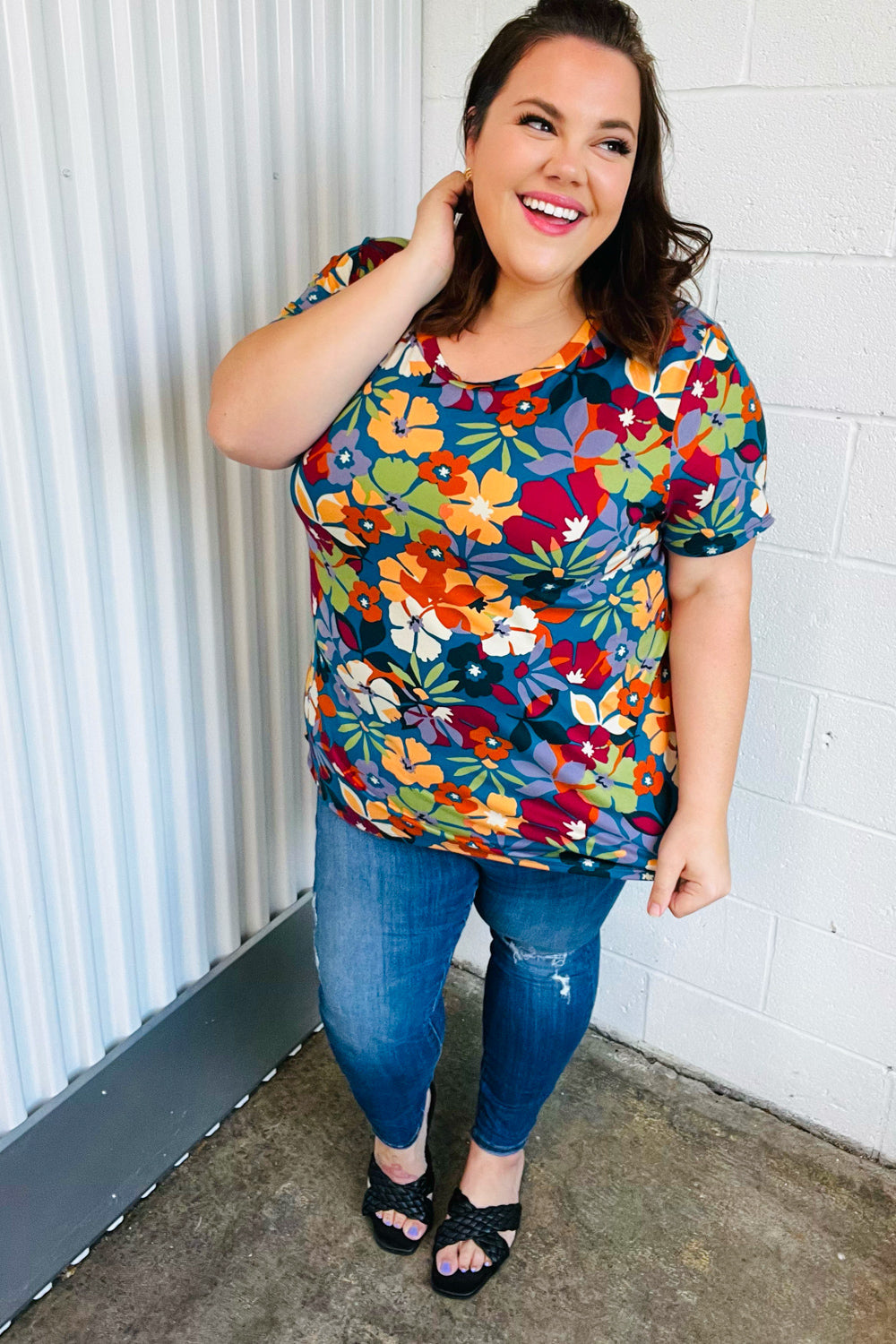 Teal Maroon Floral Round Neck Top
