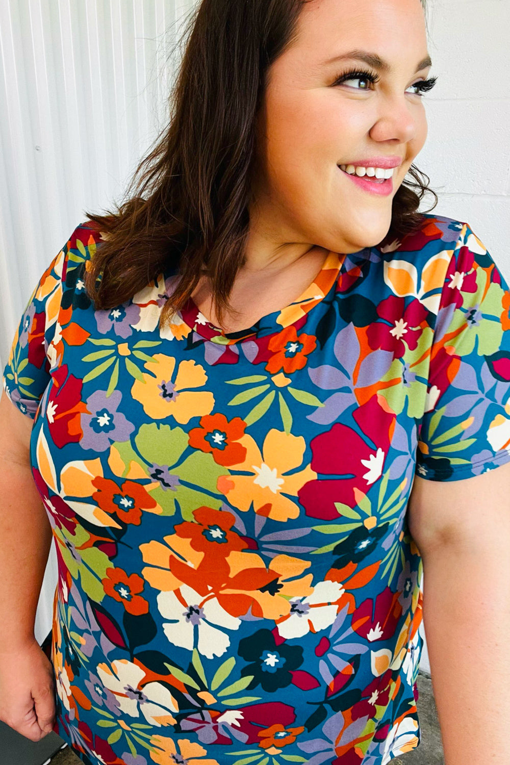 Teal Maroon Floral Round Neck Top