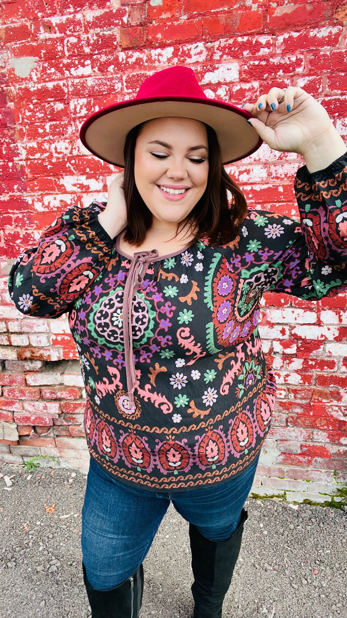 Black & Mauve Boho Keyhole Tie Blouse Top