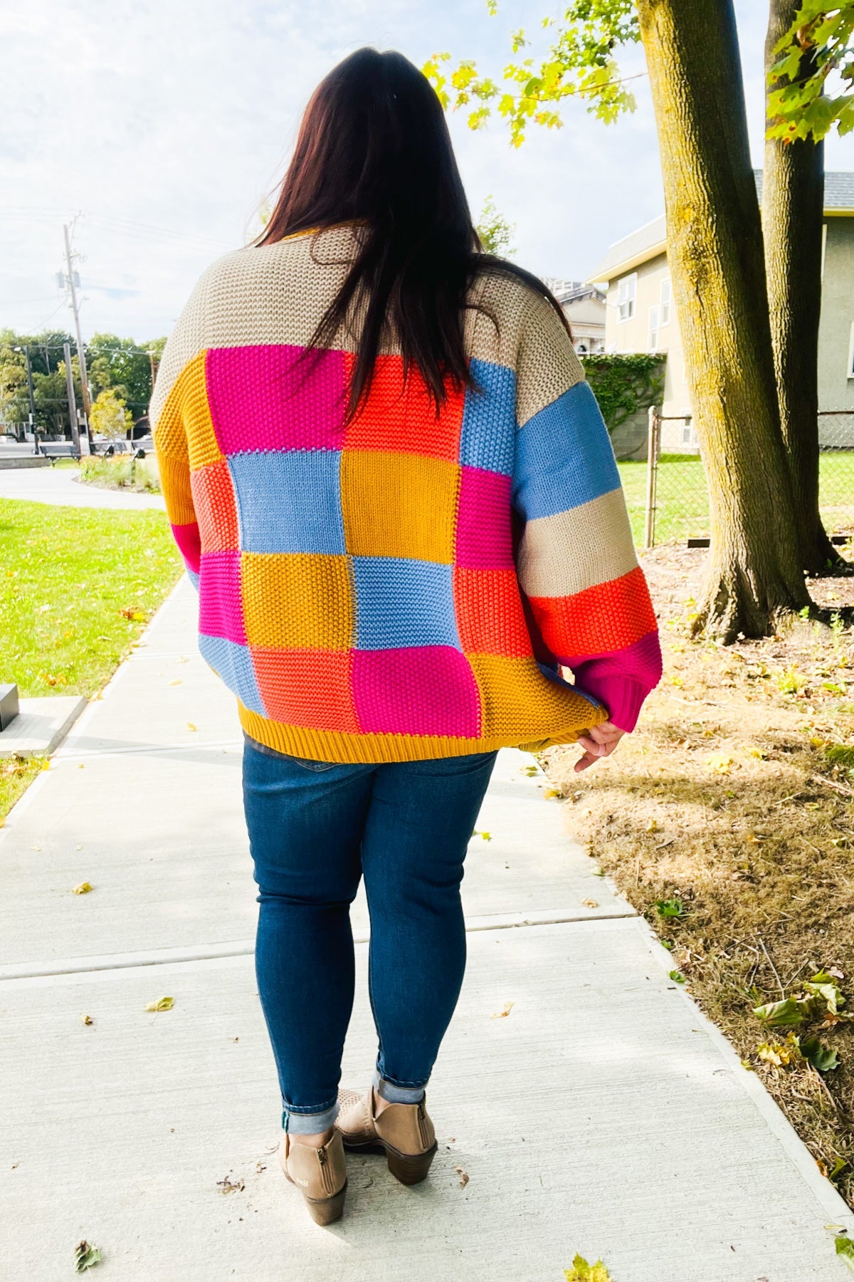 Multicolor Chunky Knit Color Block Patchwork Cardigan