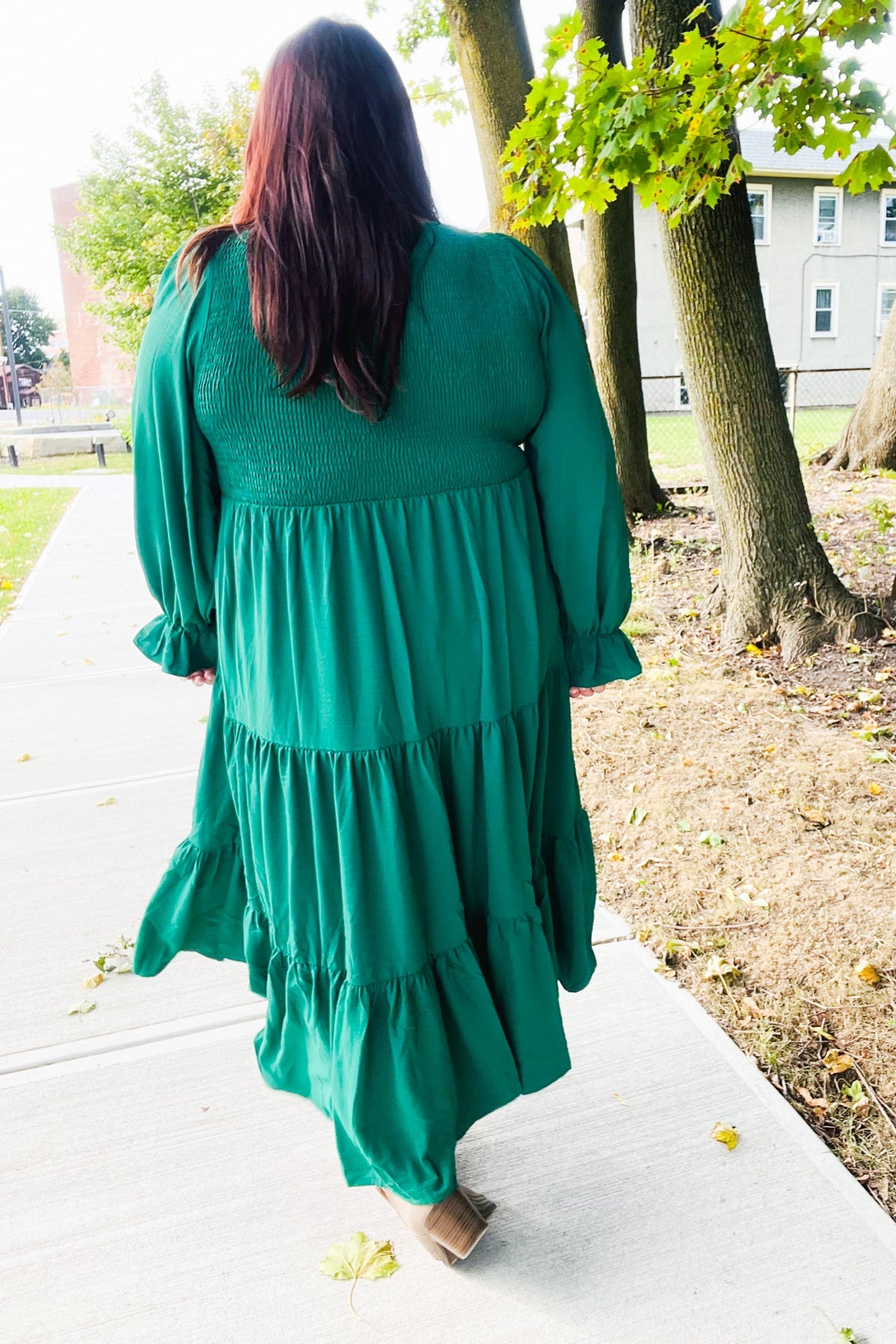 Green Smocked Ruffle Sleeve Maxi Dress