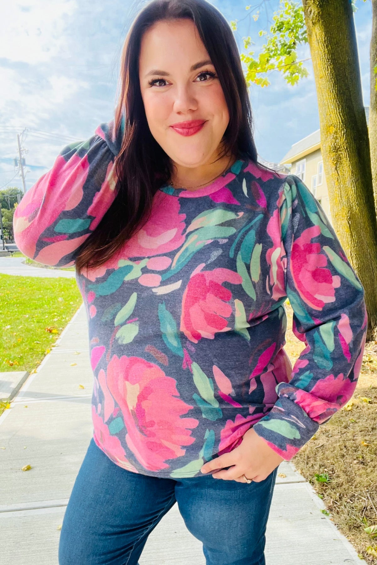 Navy Floral Brushed Hacci Sweater Top