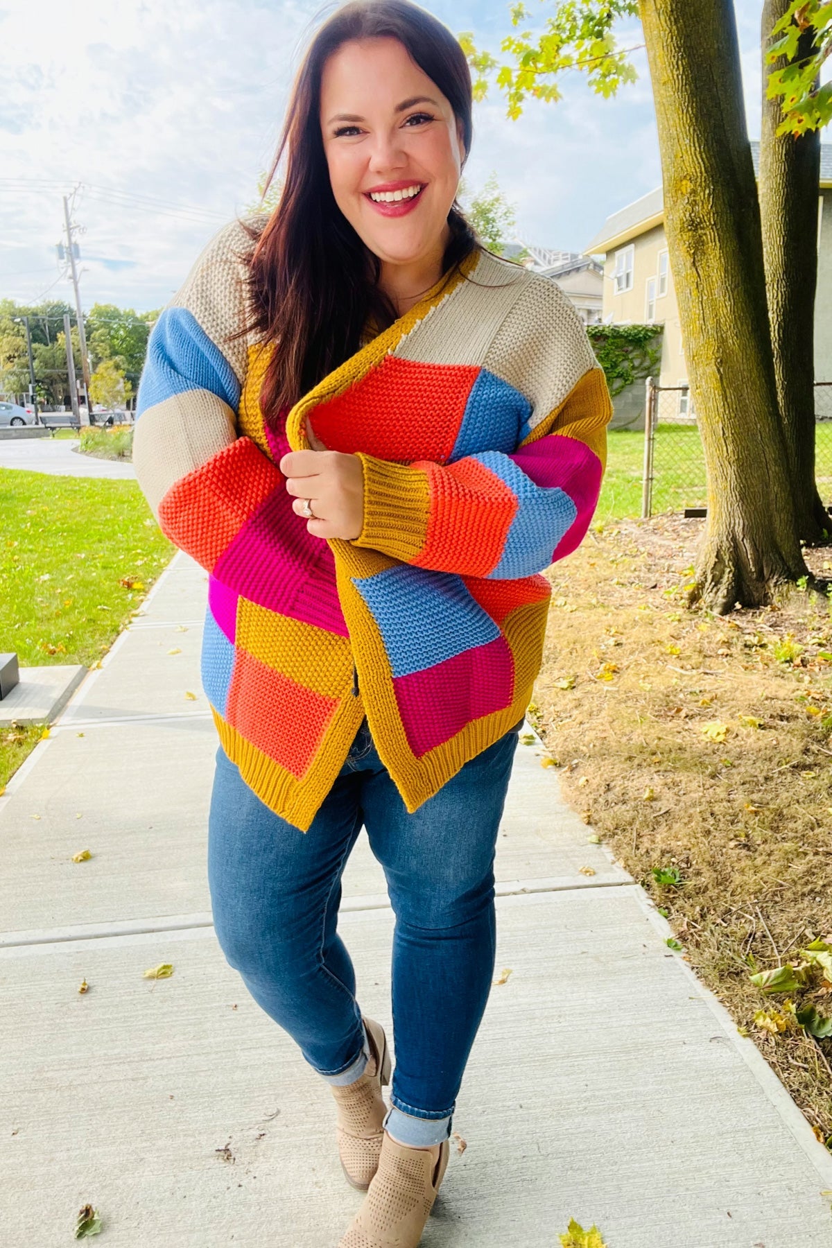 Multicolor Chunky Knit Color Block Patchwork Cardigan