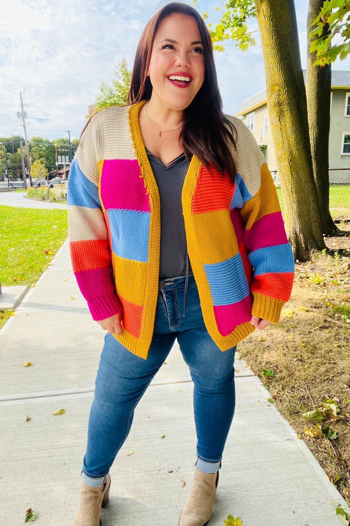 Multicolor Chunky Knit Color Block Patchwork Cardigan