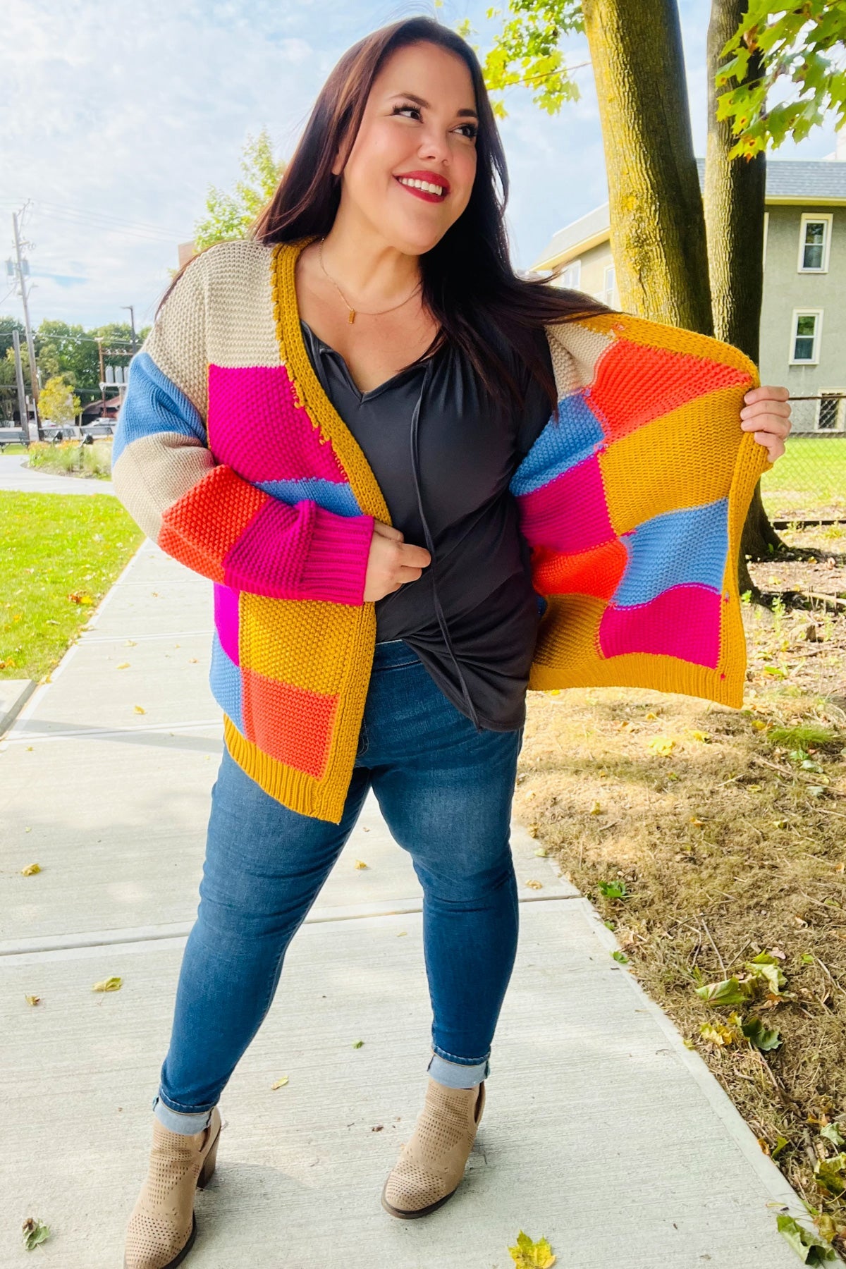 Multicolor Chunky Knit Color Block Patchwork Cardigan