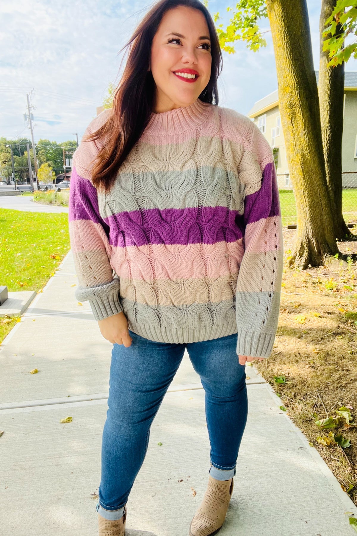 Mauve Multicolor Stripe Cable Knit Mock Neck Sweater