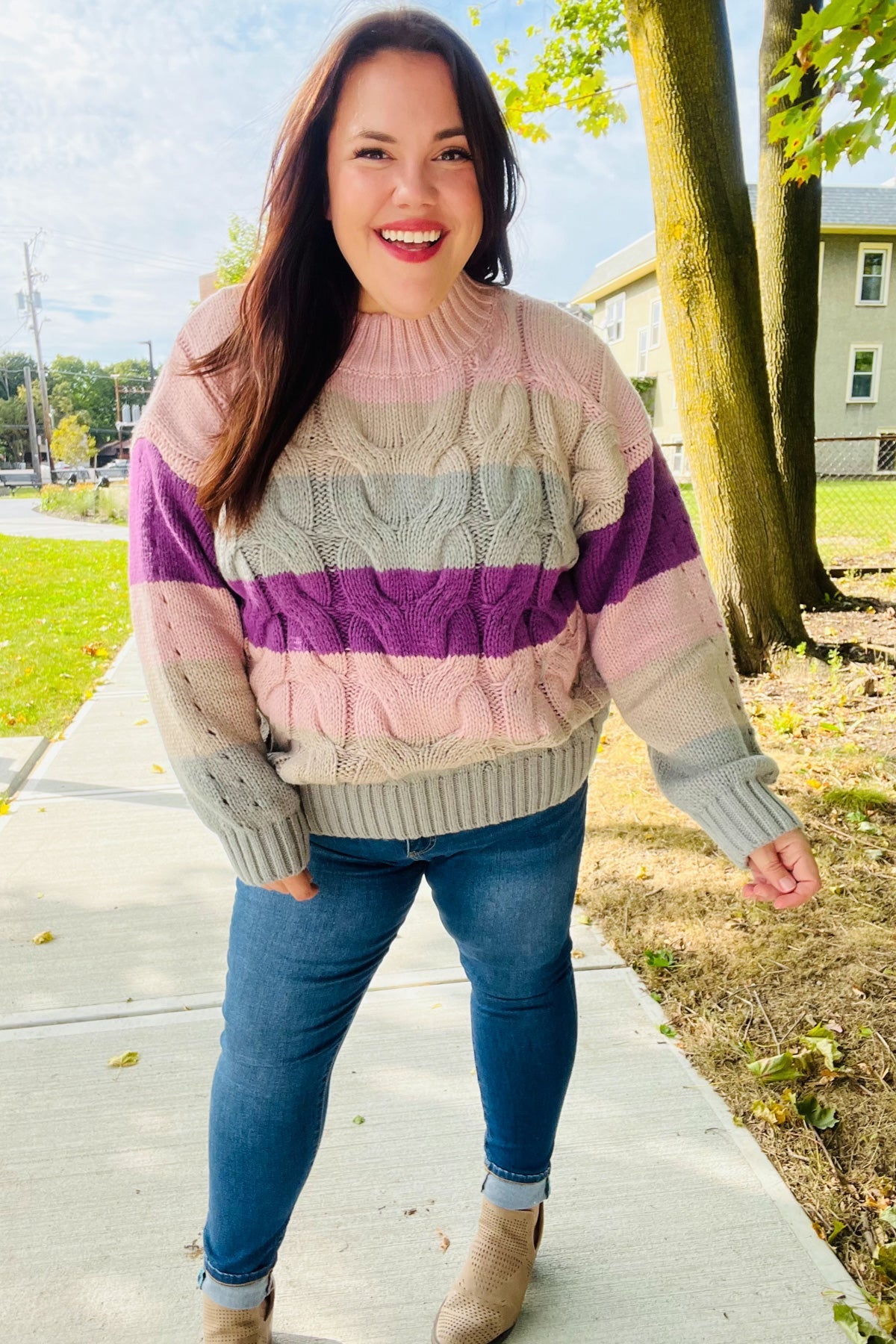 Mauve Multicolor Stripe Cable Knit Mock Neck Sweater