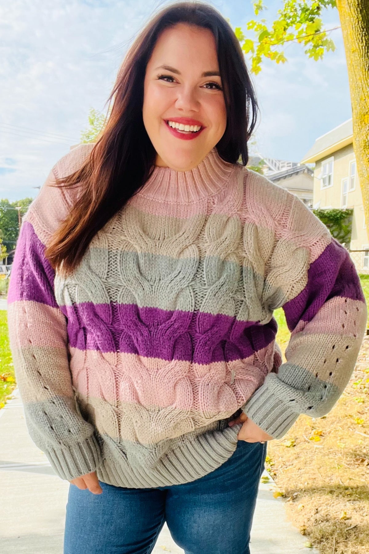 Mauve Multicolor Stripe Cable Knit Mock Neck Sweater