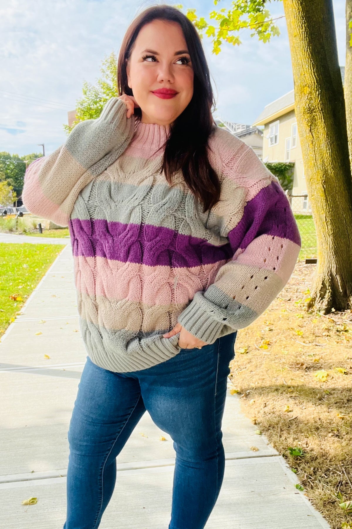 Mauve Multicolor Stripe Cable Knit Mock Neck Sweater