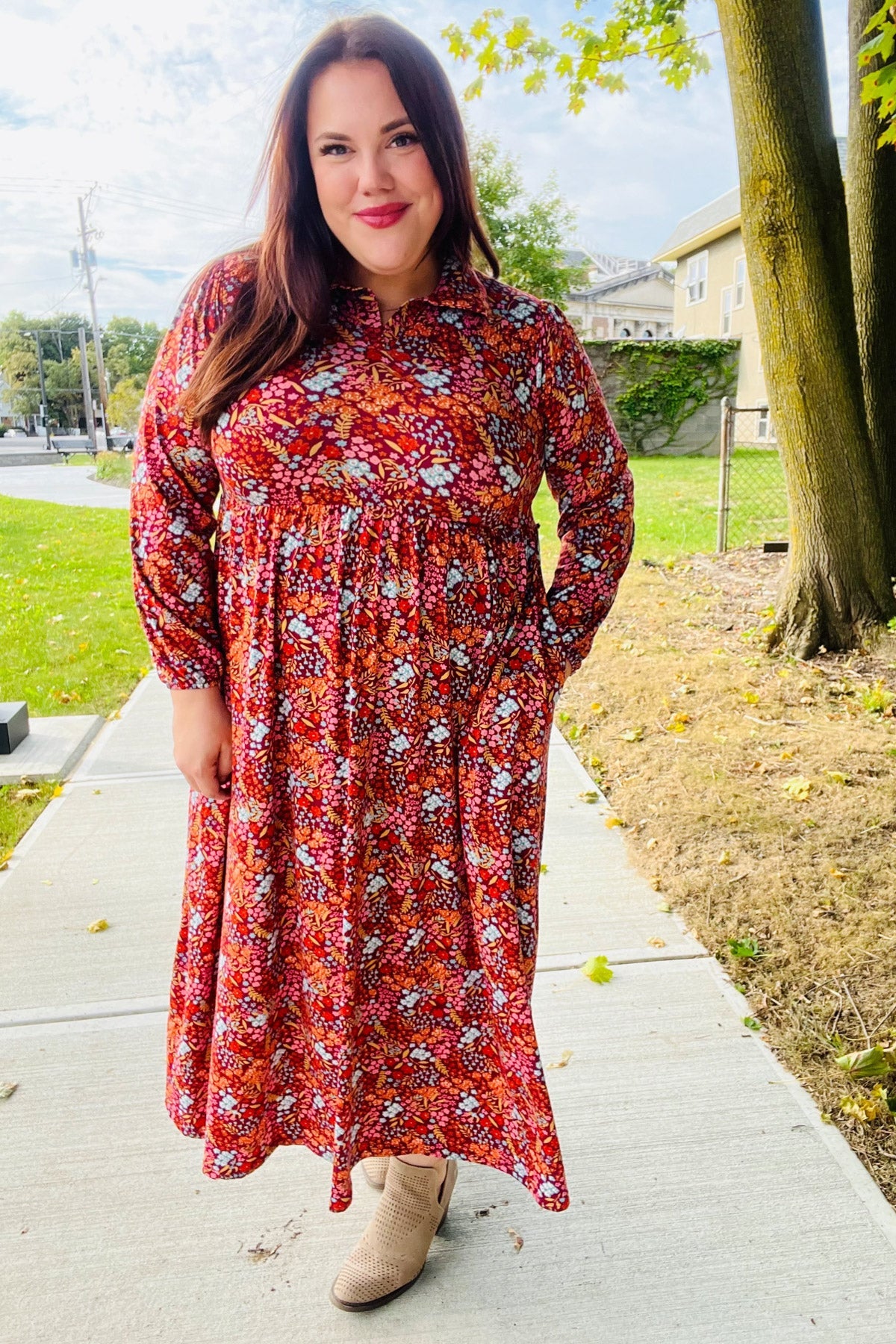 Burgundy Floral Collared Fit & Flare Maxi Dress