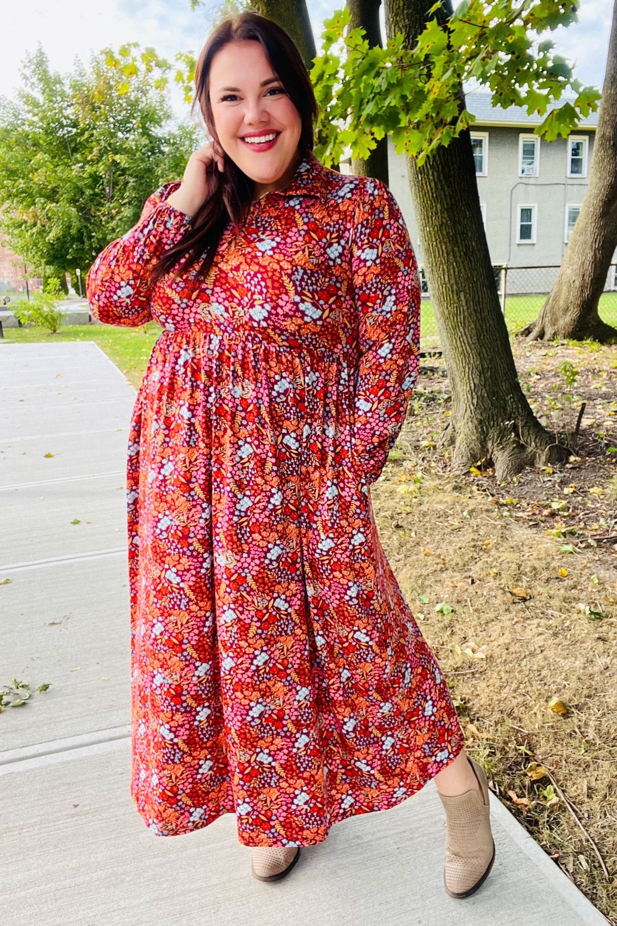 Burgundy Floral Collared Fit & Flare Maxi Dress