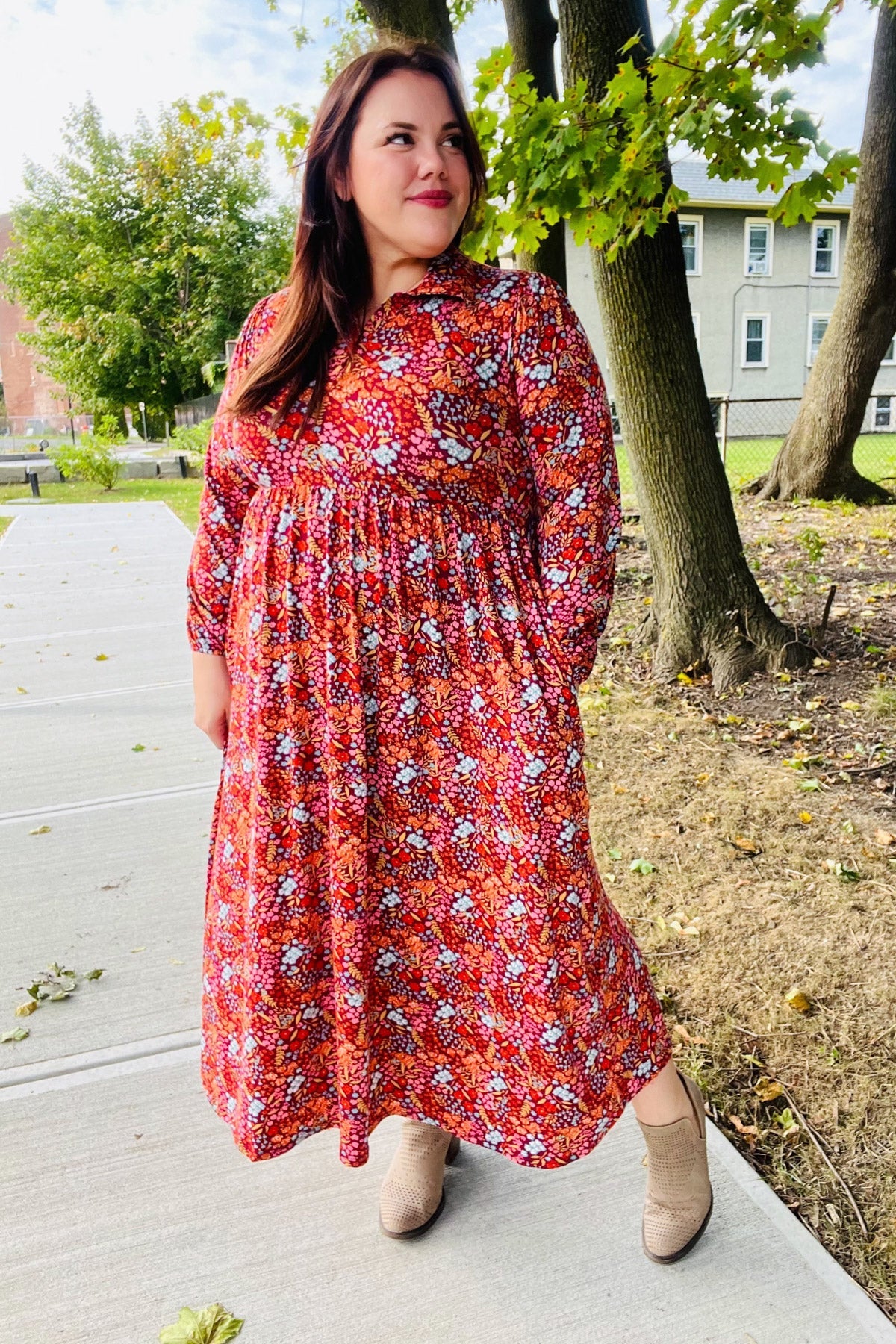 Burgundy Floral Collared Fit & Flare Maxi Dress