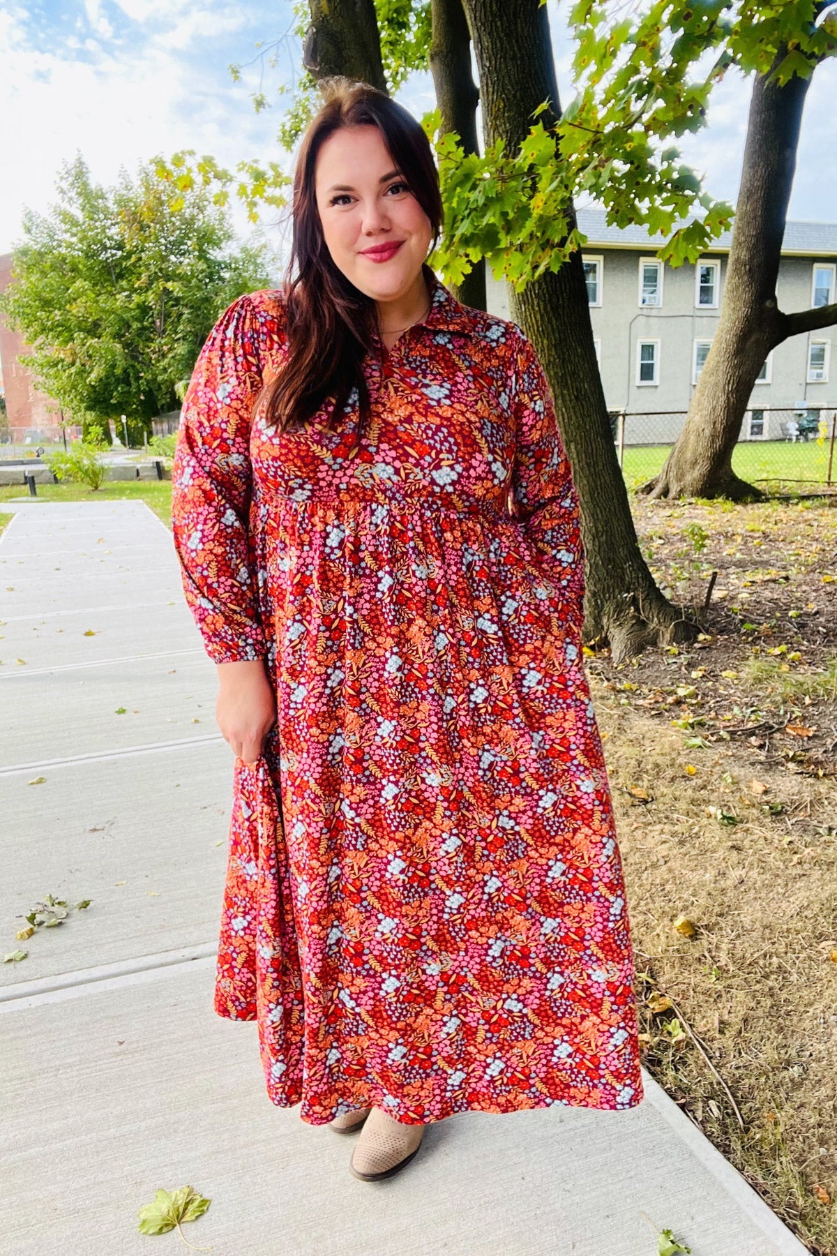 Burgundy Floral Collared Fit & Flare Maxi Dress