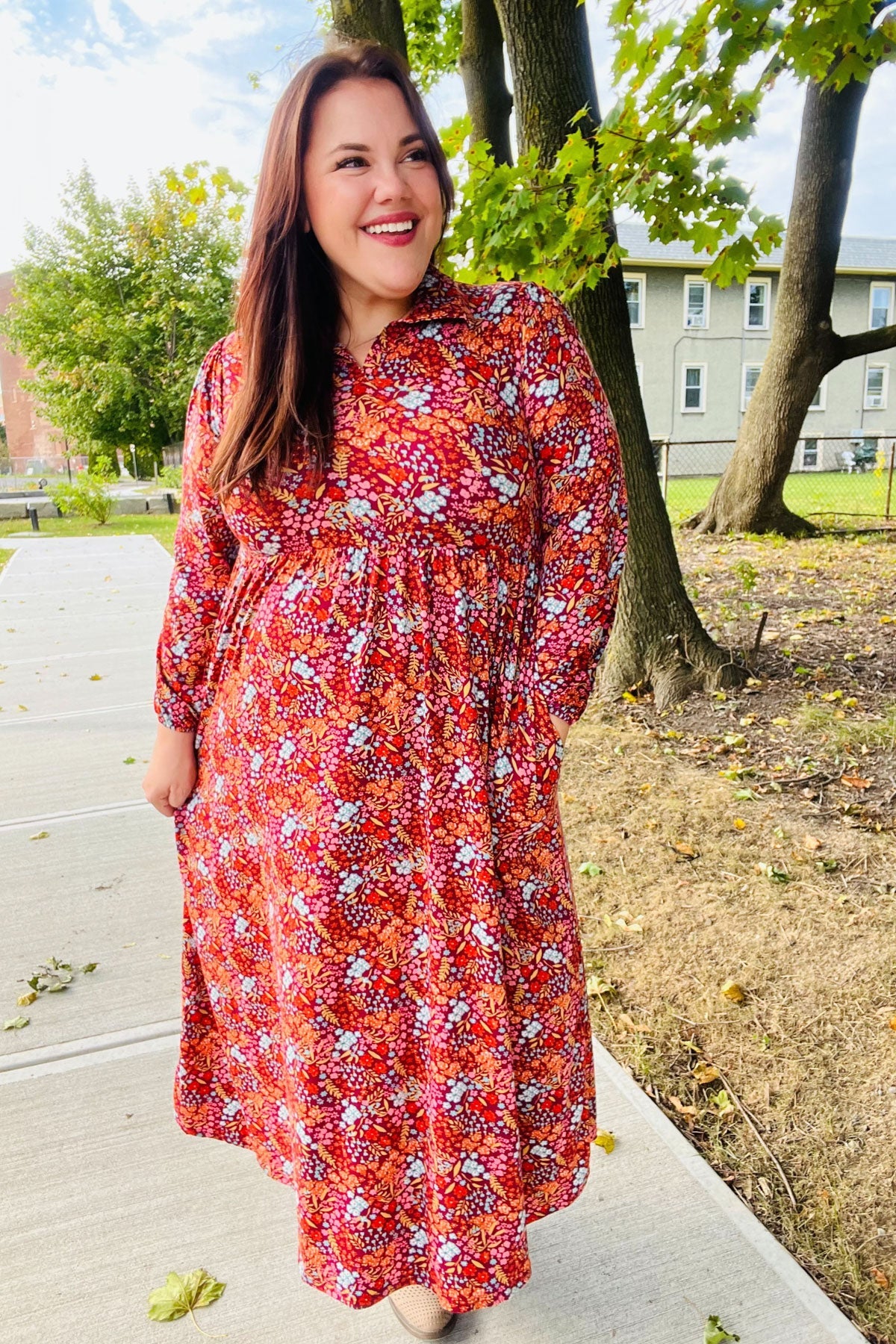 Burgundy Floral Collared Fit & Flare Maxi Dress