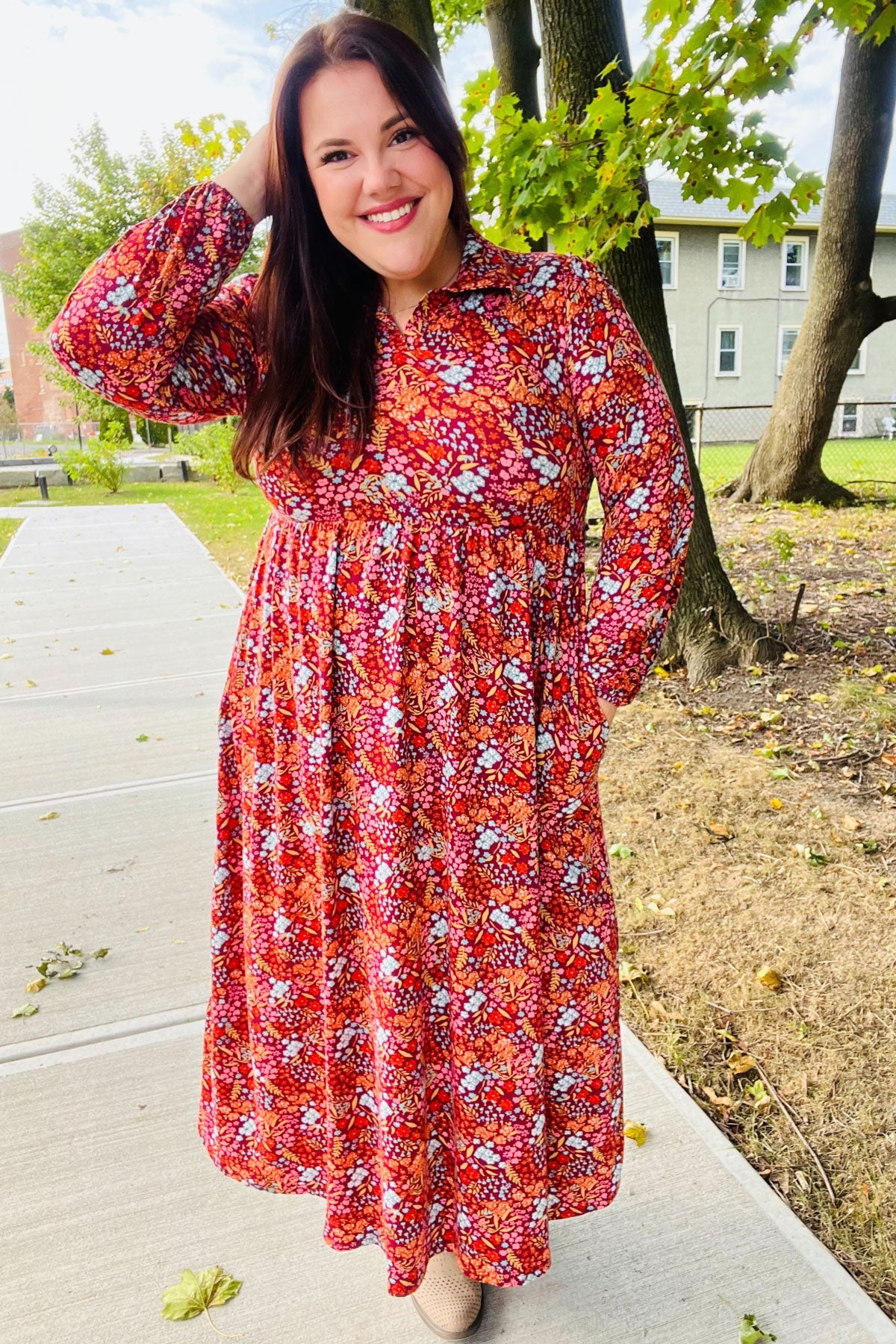 Burgundy Floral Collared Fit & Flare Maxi Dress