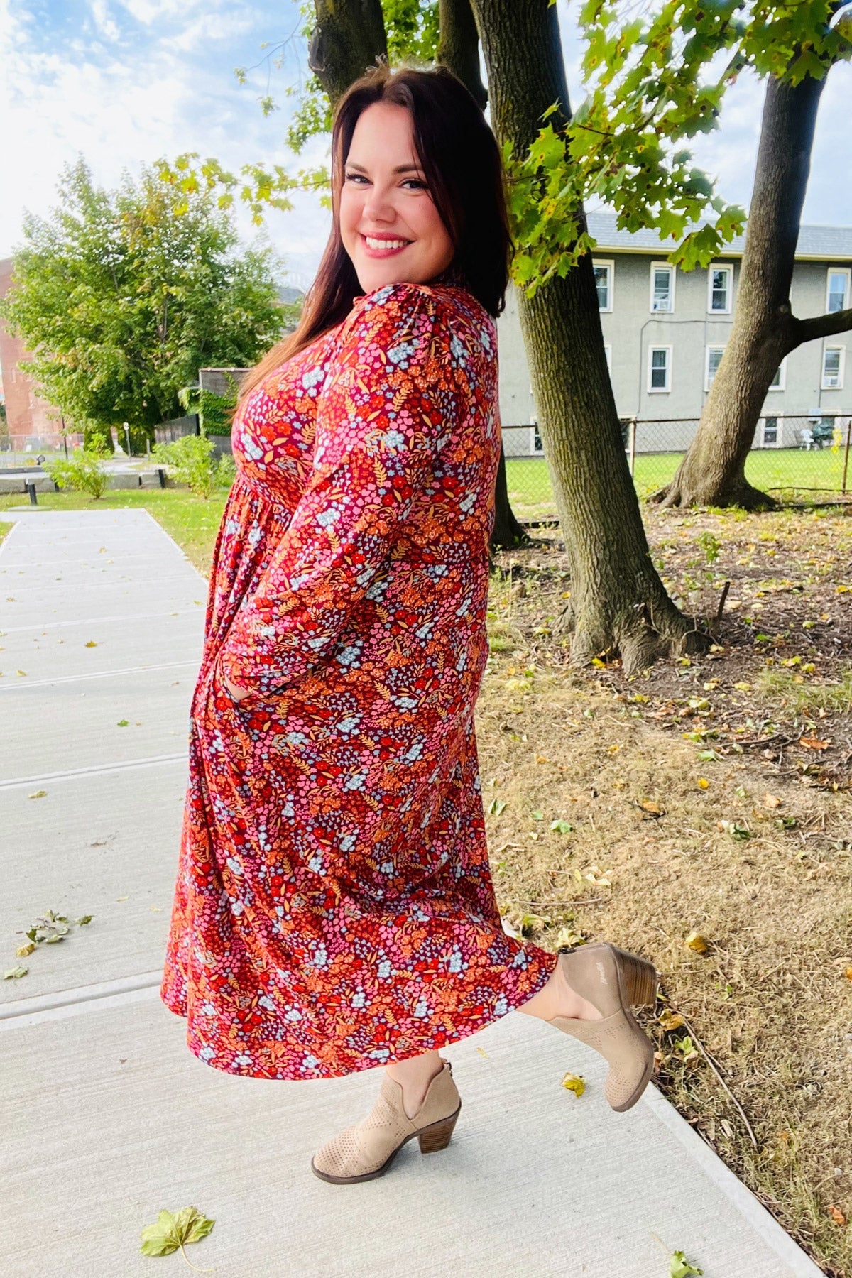 Burgundy Floral Collared Fit & Flare Maxi Dress