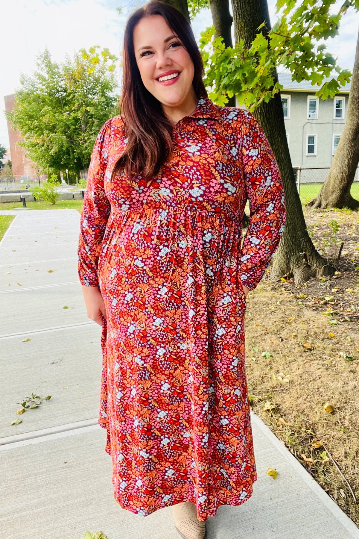 Burgundy Floral Collared Fit & Flare Maxi Dress