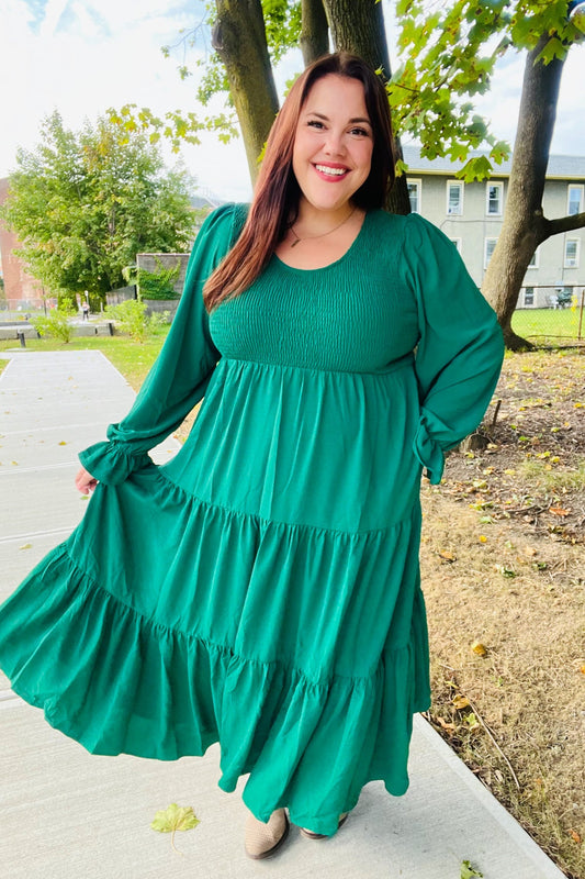 Green Smocked Ruffle Sleeve Maxi Dress