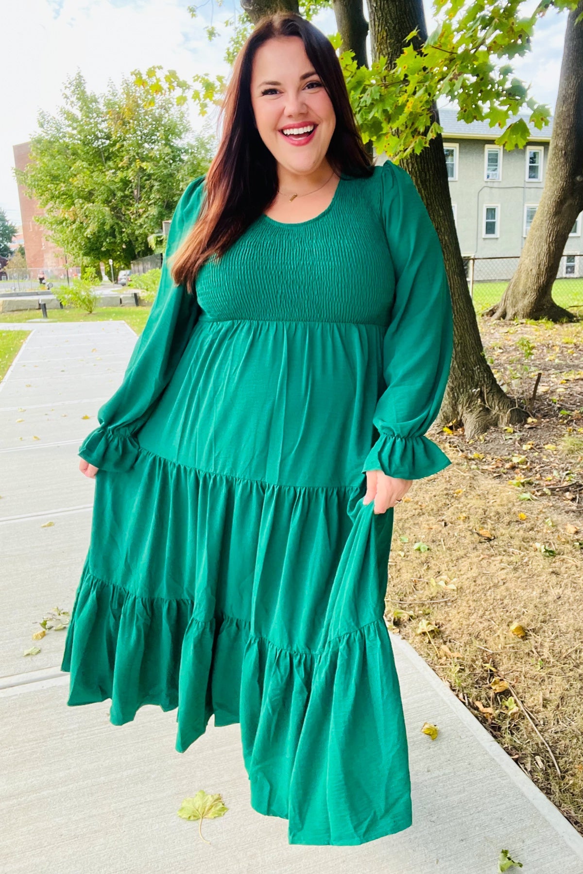 Green Smocked Ruffle Sleeve Maxi Dress