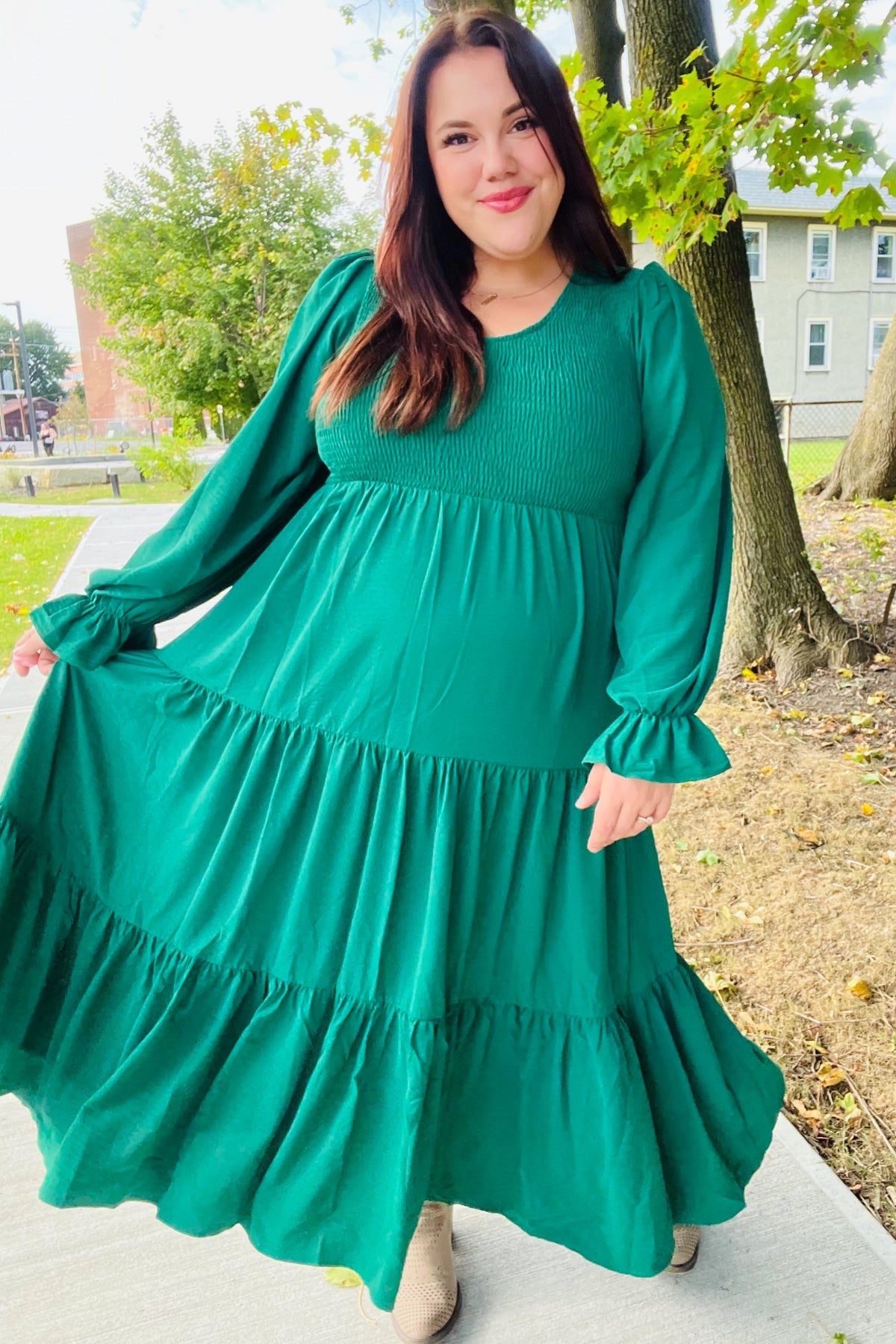 Green Smocked Ruffle Sleeve Maxi Dress