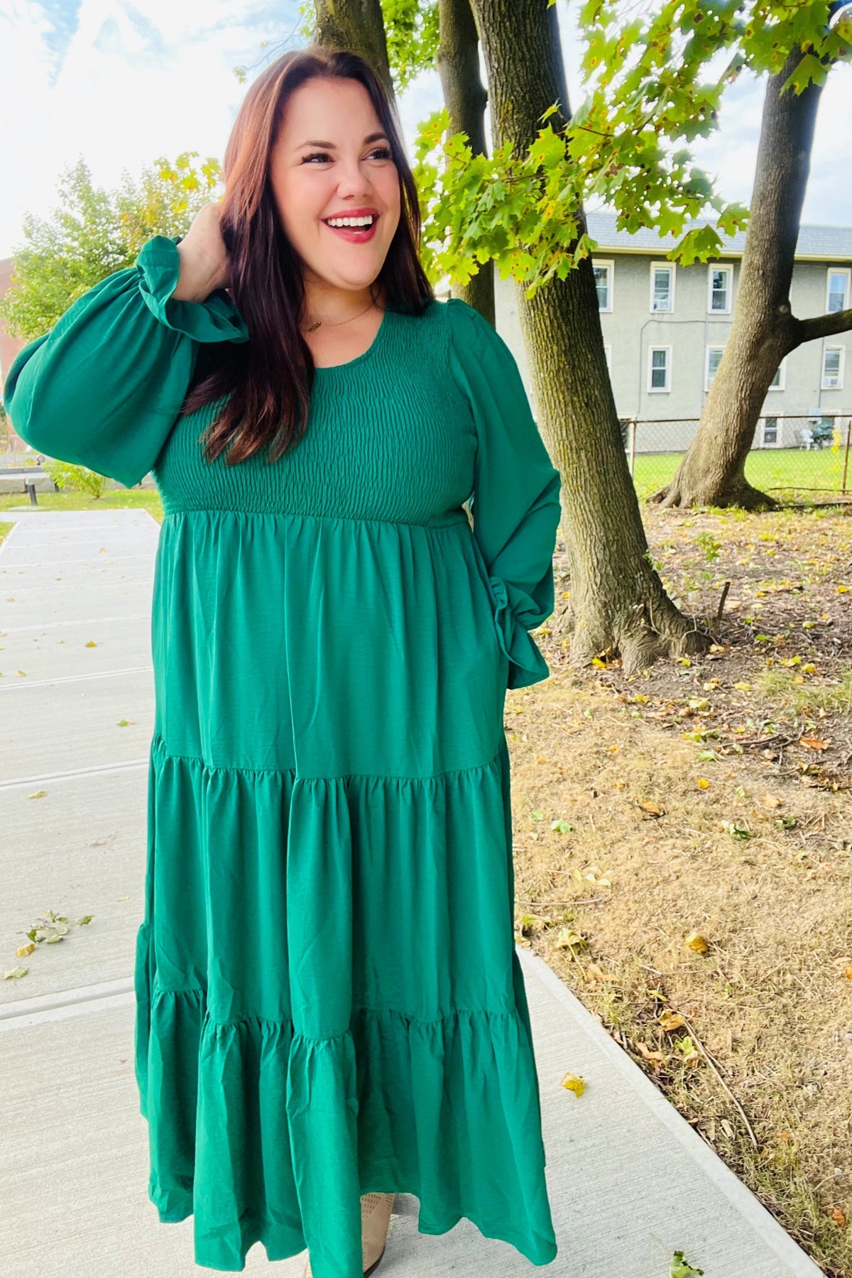 Green Smocked Ruffle Sleeve Maxi Dress