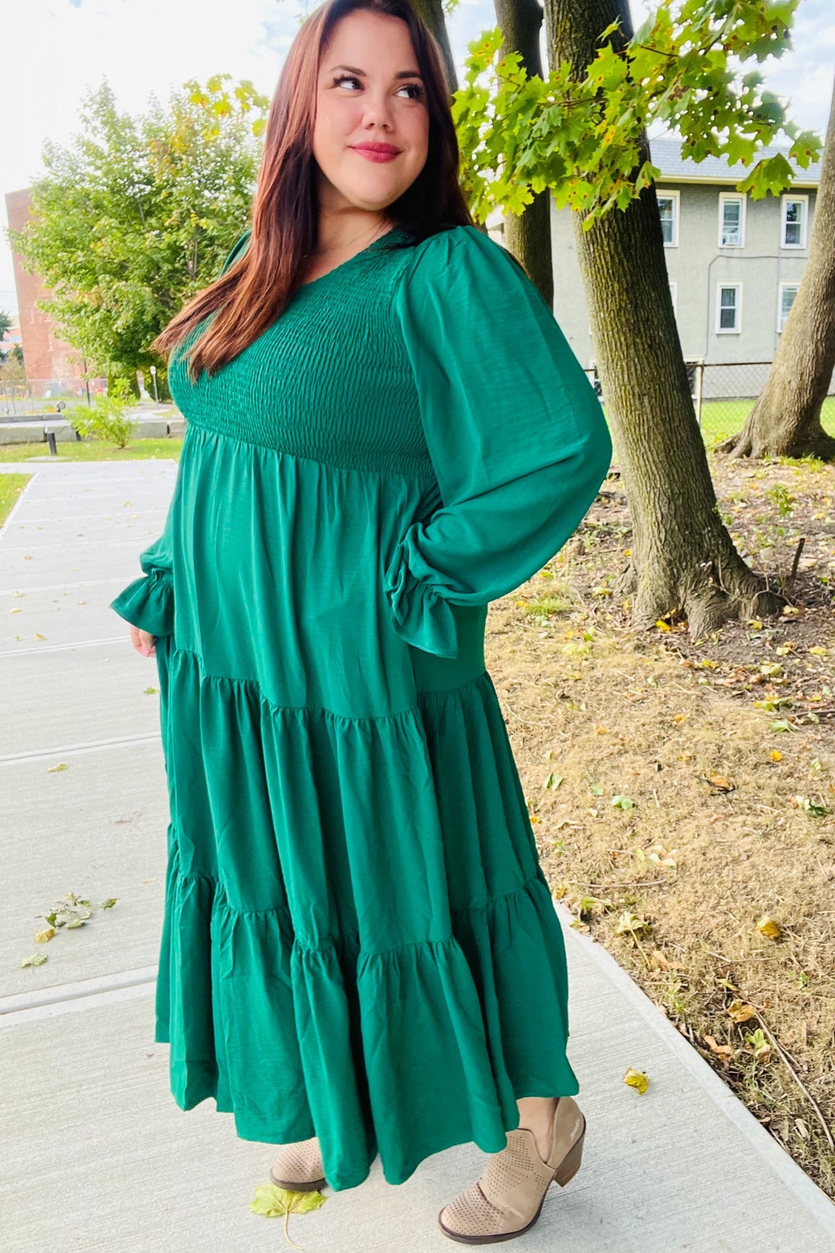 Green Smocked Ruffle Sleeve Maxi Dress