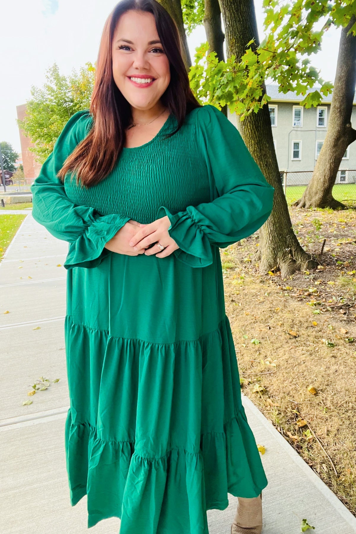 Green Smocked Ruffle Sleeve Maxi Dress