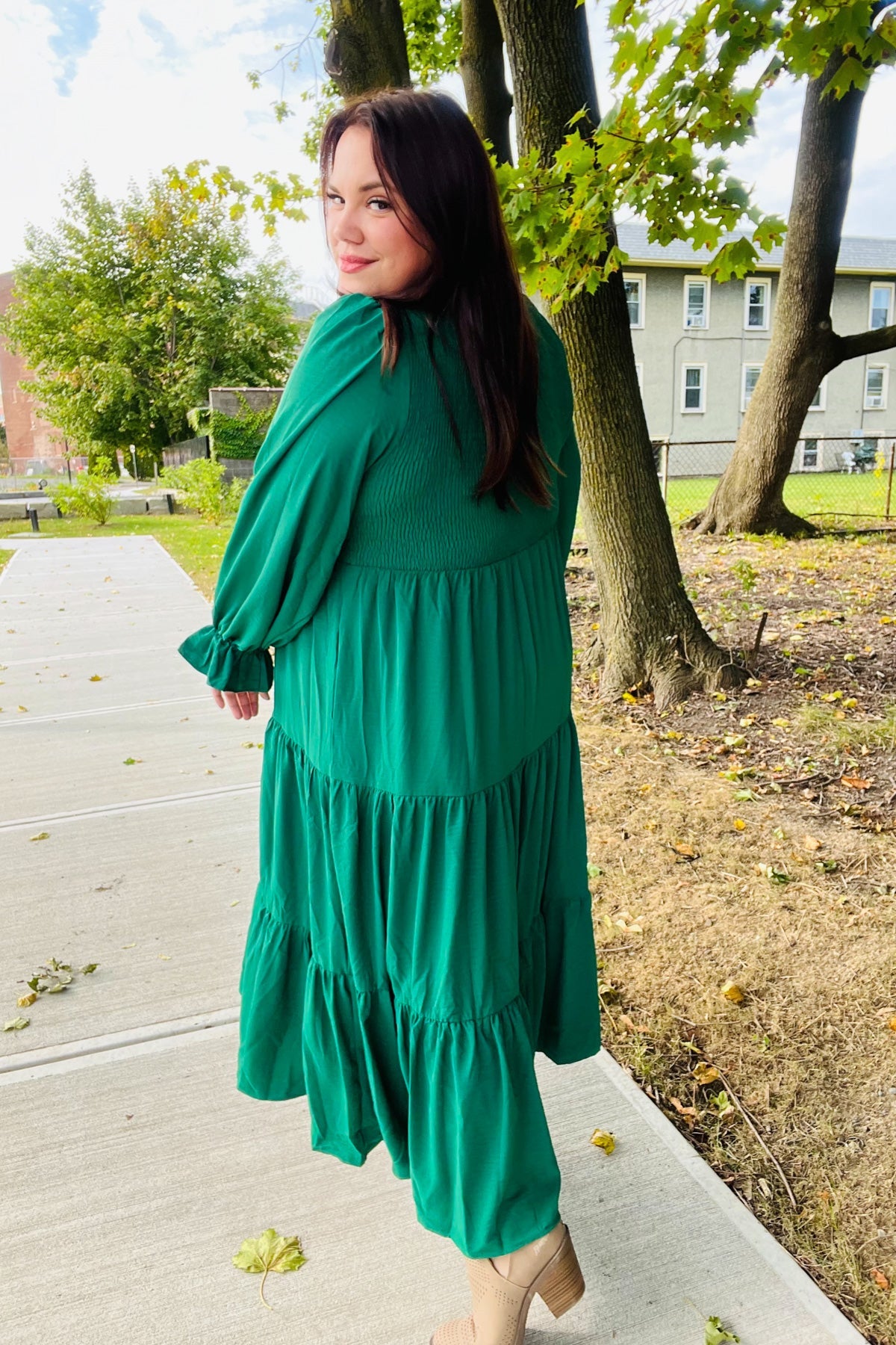 Green Smocked Ruffle Sleeve Maxi Dress