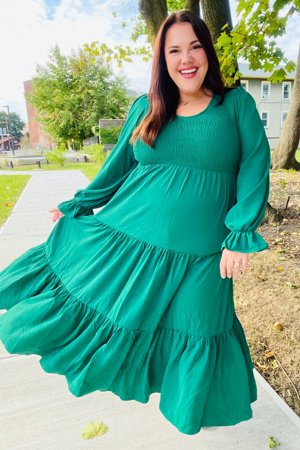 Green Smocked Ruffle Sleeve Maxi Dress