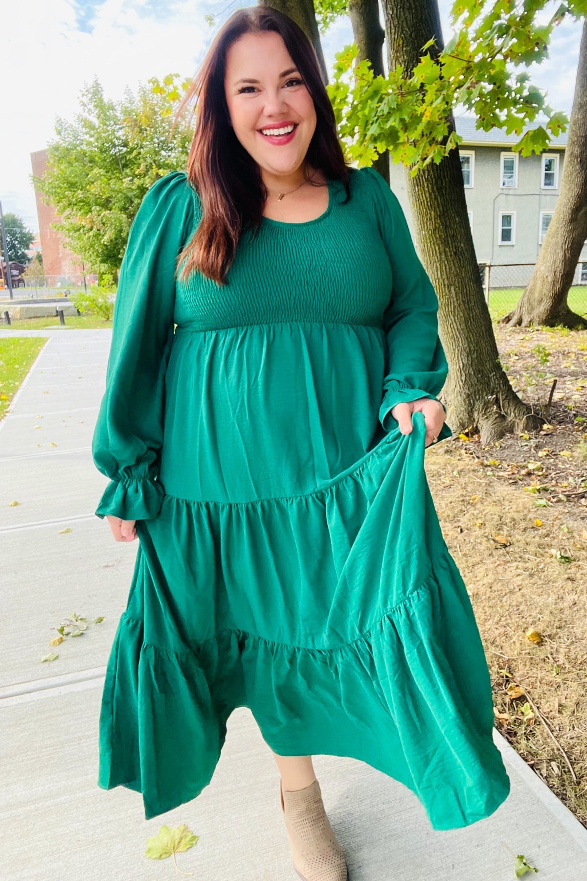 Green Smocked Ruffle Sleeve Maxi Dress