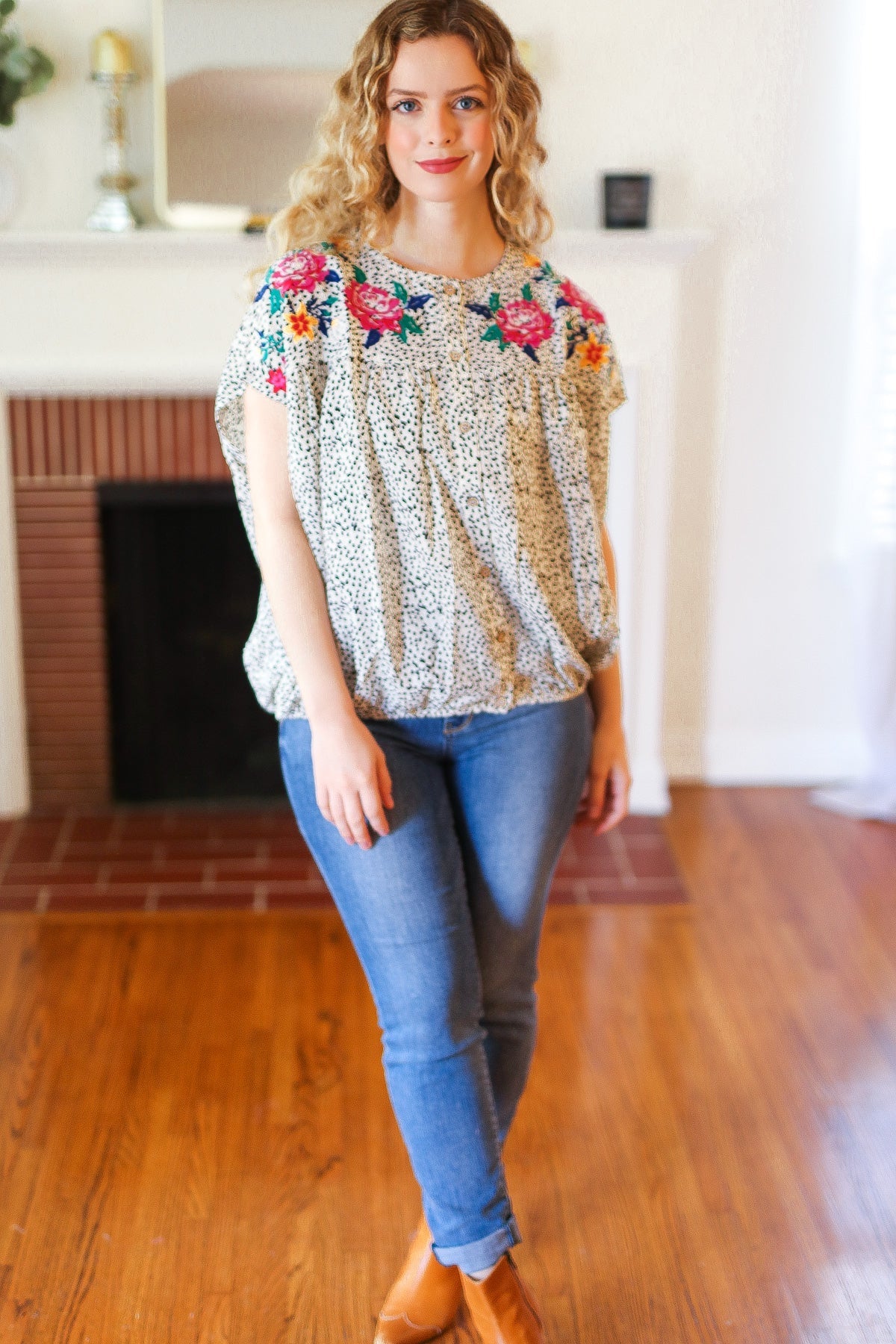 Taupe Animal Floral Embroidery Button Down Top