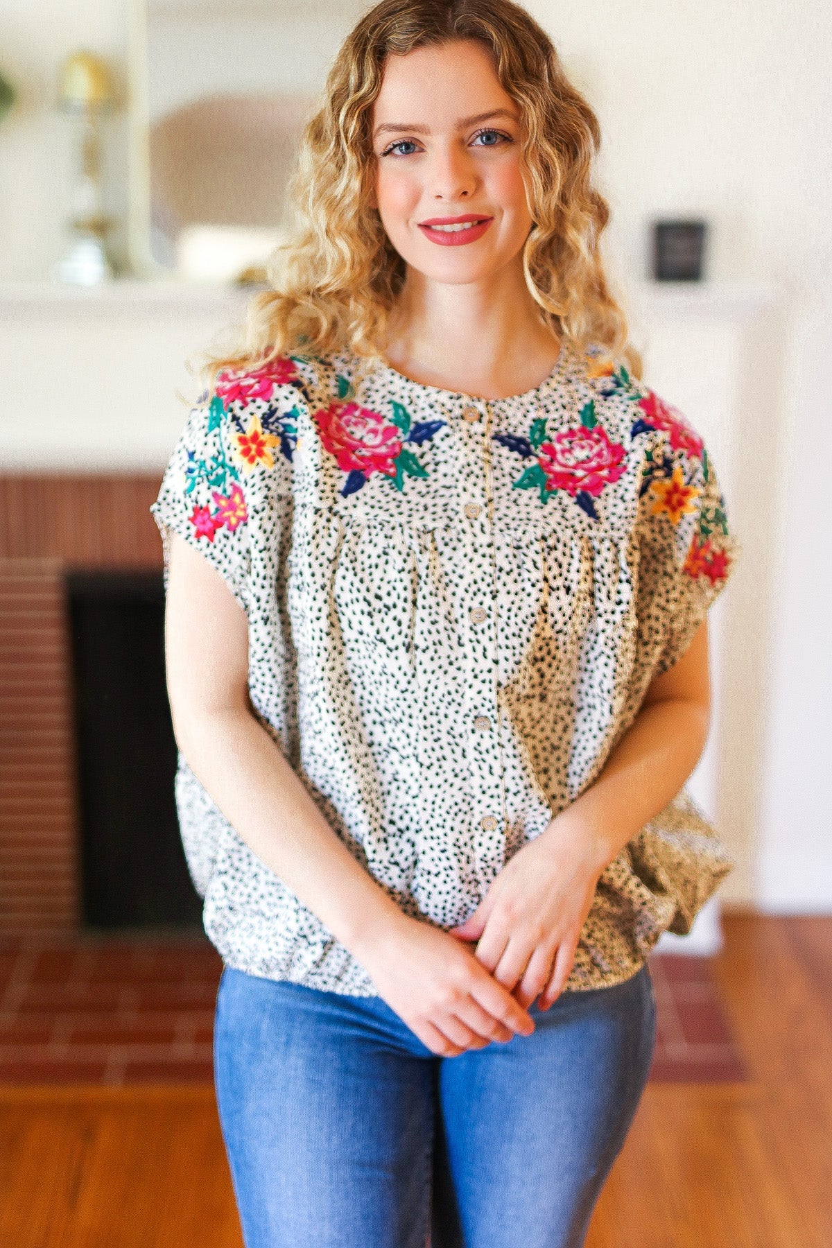 Taupe Animal Floral Embroidery Button Down Top