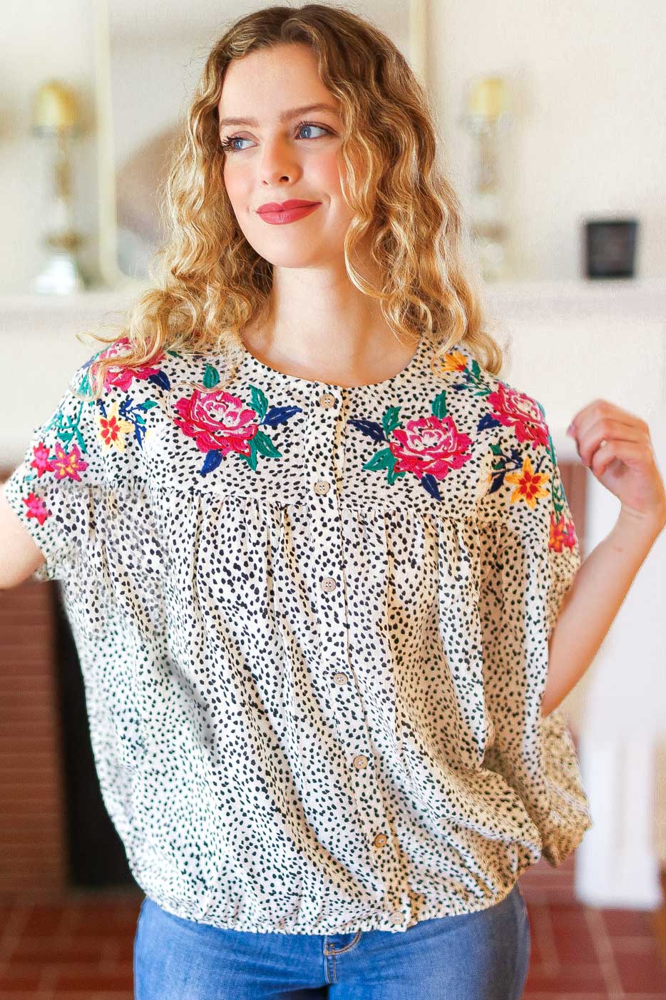 Taupe Animal Floral Embroidery Button Down Top