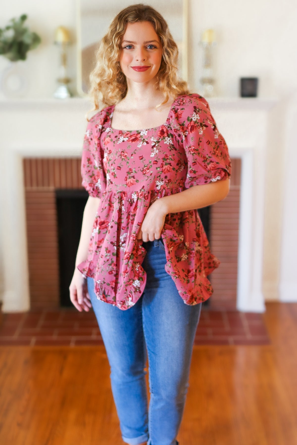 Dusty Rose Floral Print Smocked Puff Sleeve Top