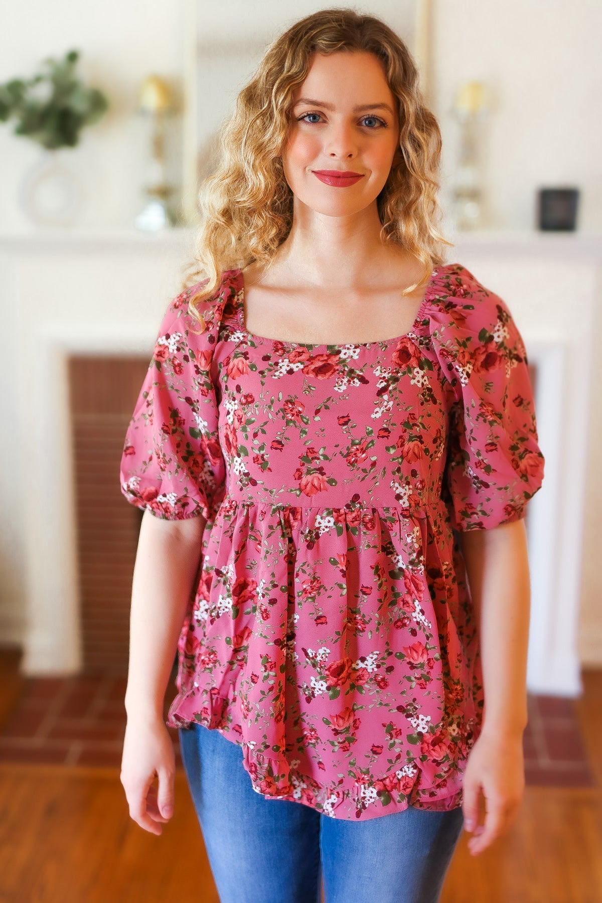 Dusty Rose Floral Print Smocked Puff Sleeve Top