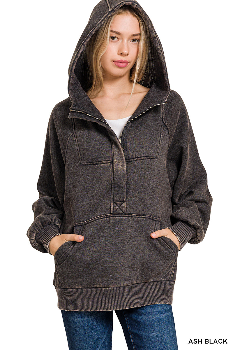 Acid Wash Fleece Oversized 1/4 Zip Kangaroo Hoodie