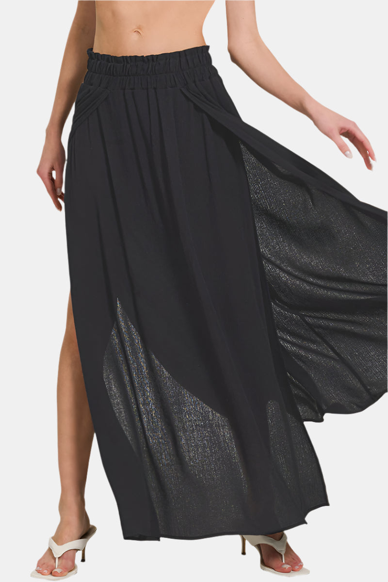 Black Woven Crinkle Gauze Long Skirt