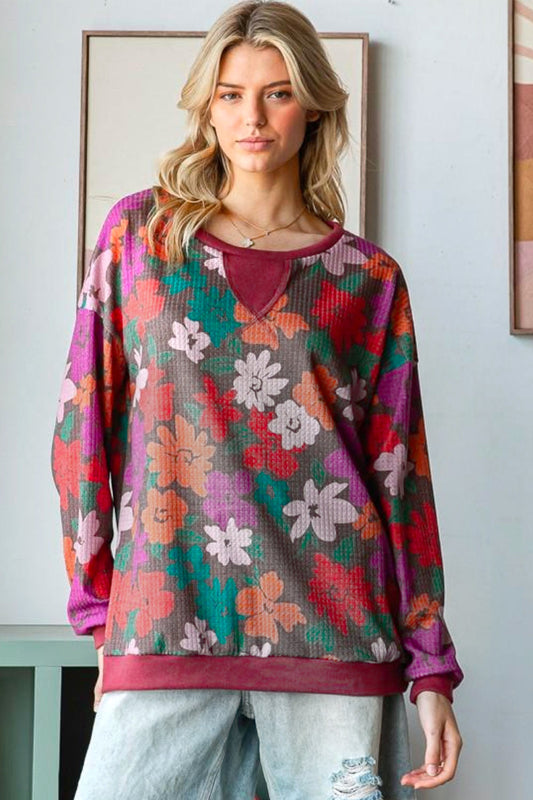 Brown/Multicolor Floral Waffle Knit Tunic