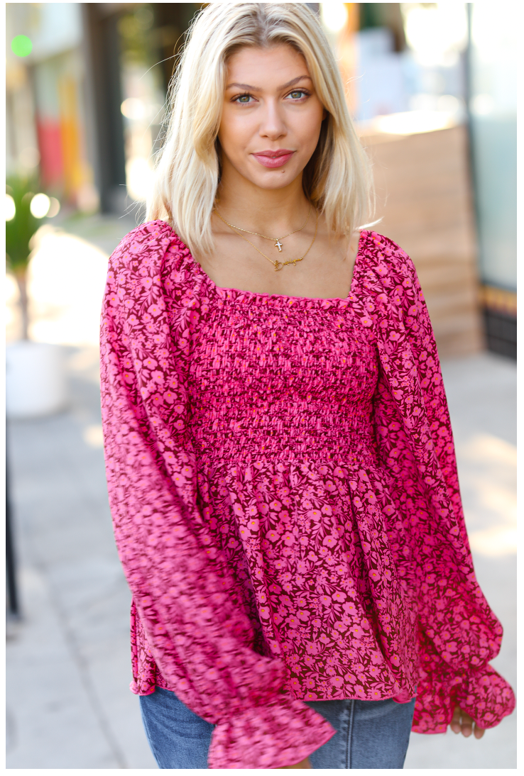 Always With You Fuchsia Ditsy Floral Smocked Babydoll Blouse Top