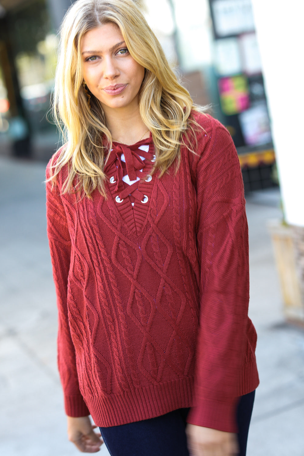 Rust Cable Knit Lace Up V Neck Sweater