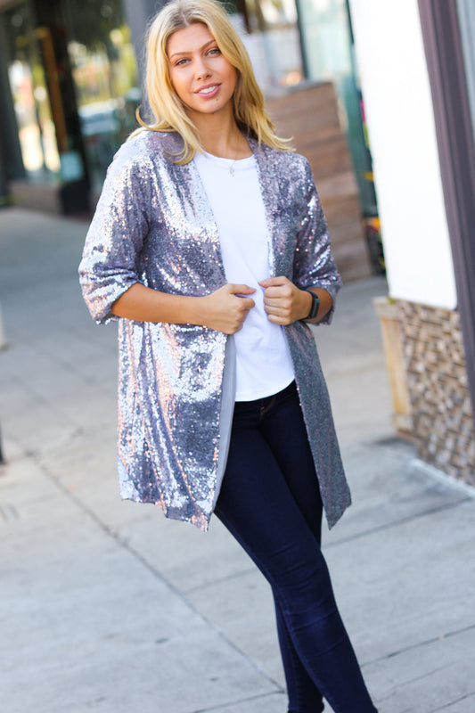 Silver Iridescent Sequin Open Lined Cardigan