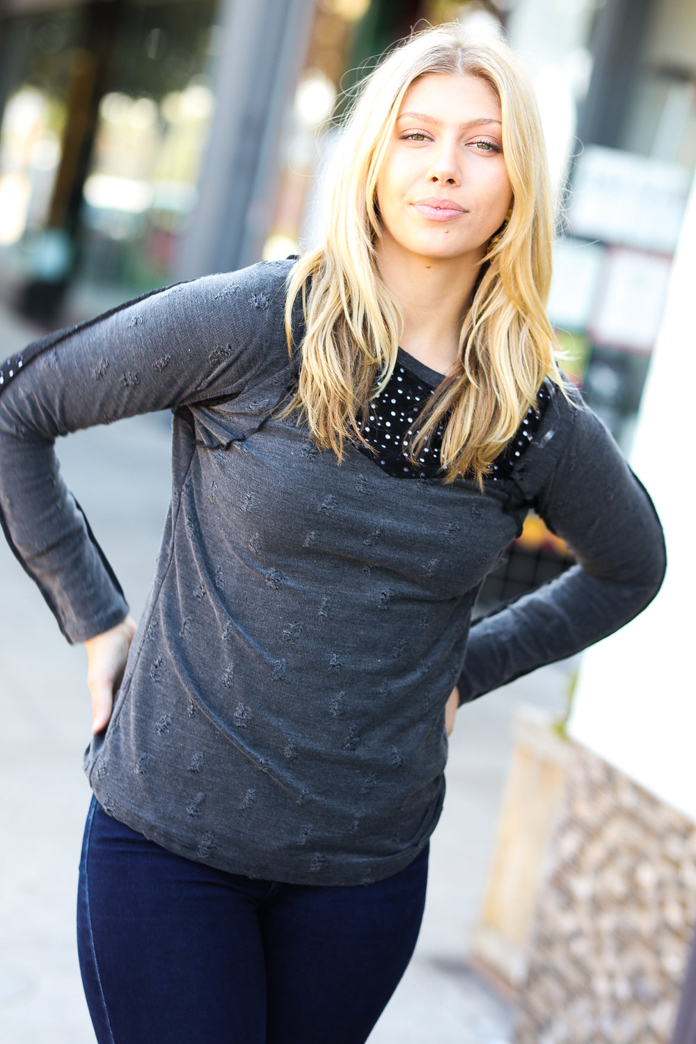 Charcoal Distressed Eyelet Outseam Stitch Top