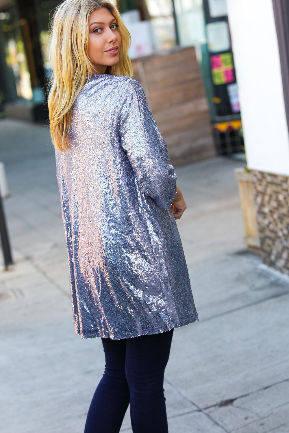 Silver Iridescent Sequin Open Lined Cardigan