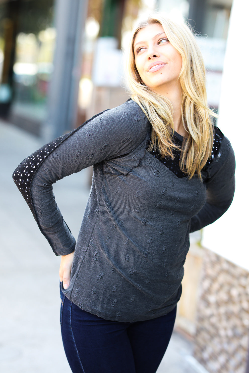 Charcoal Distressed Eyelet Outseam Stitch Top