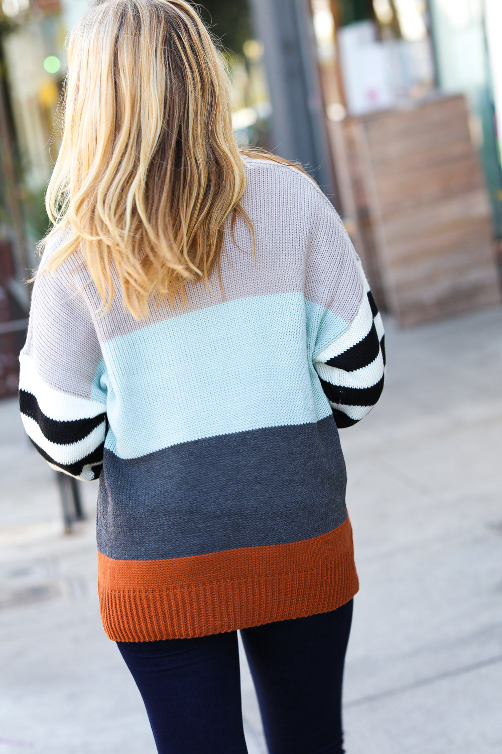 Mint Multicolor Stripe Bubble Sleeve Oversized Sweater