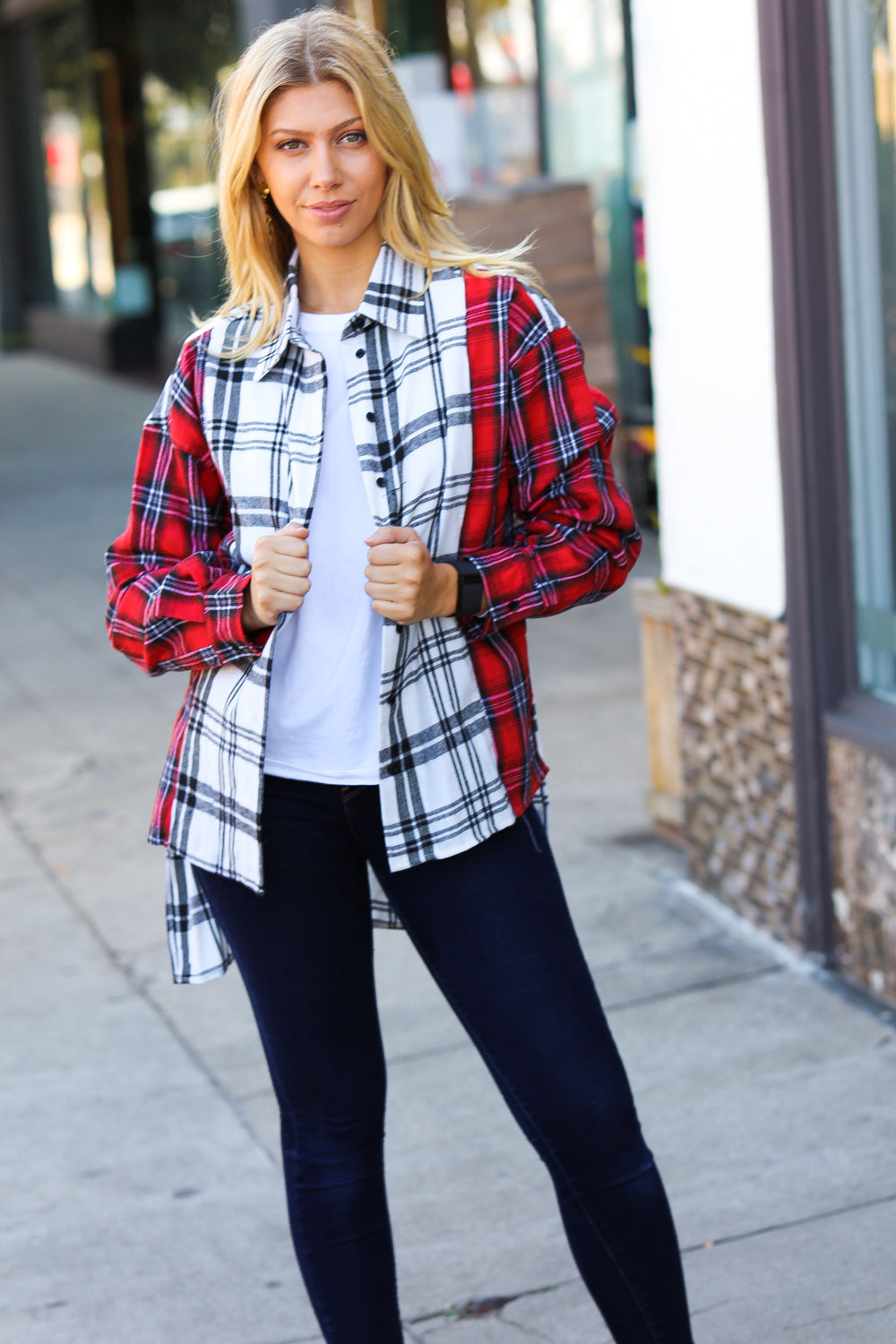 Red & White Plaid Color Block Hi Lo Shacket