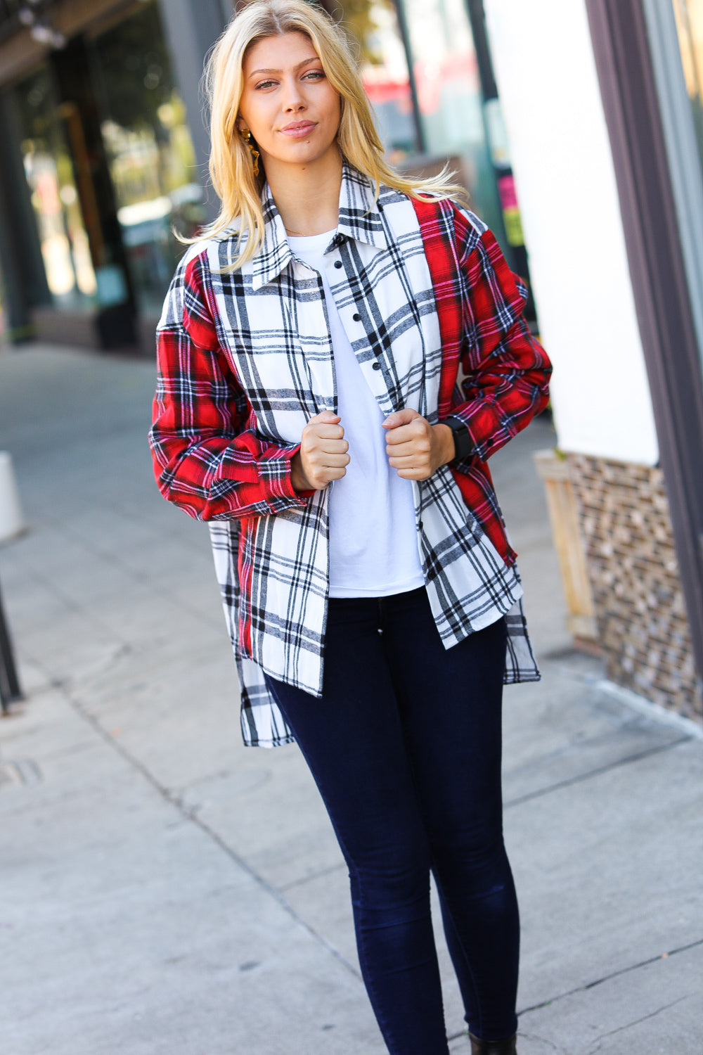 Red & White Plaid Color Block Hi Lo Shacket