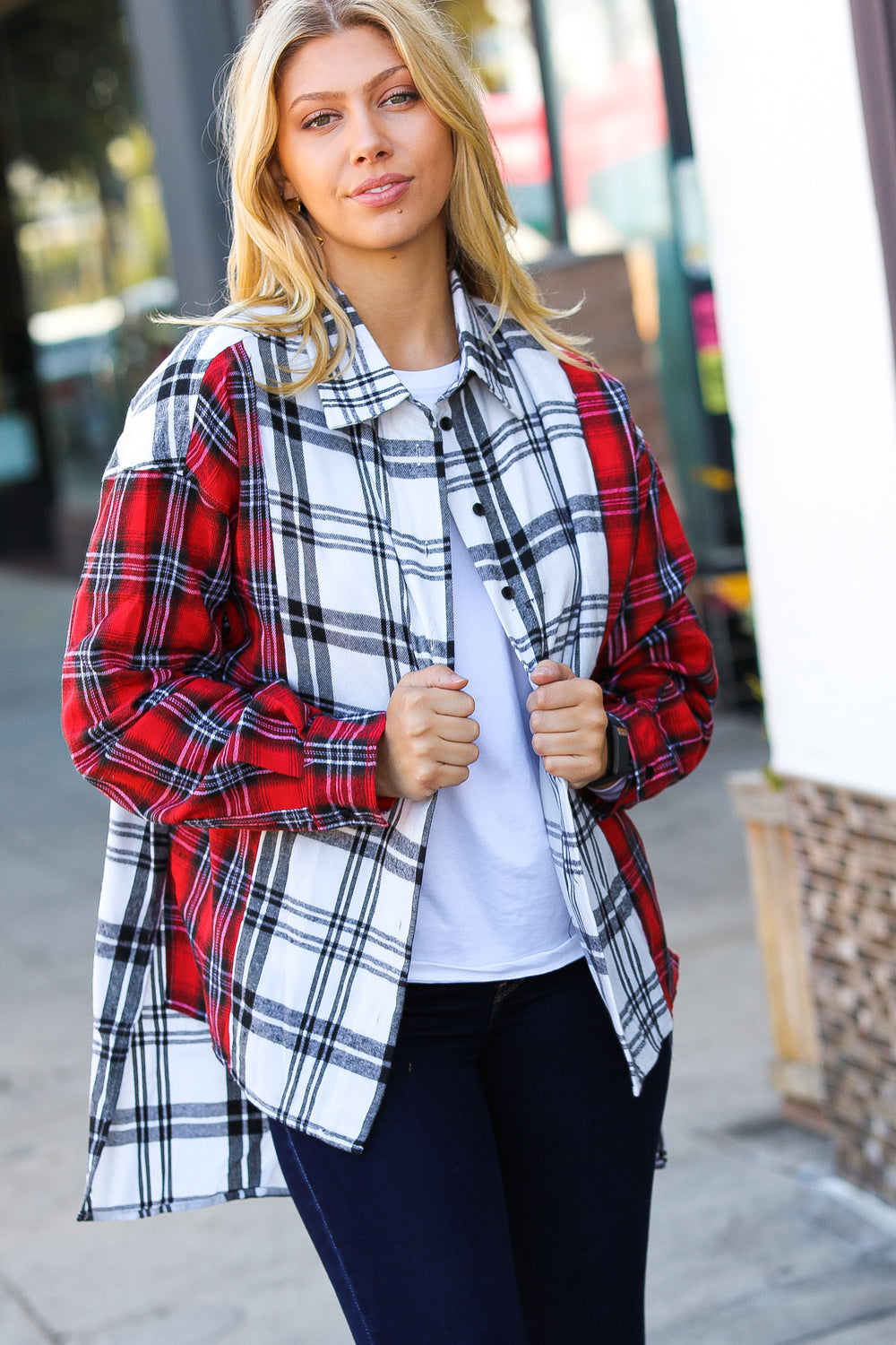 Red & White Plaid Color Block Hi Lo Shacket