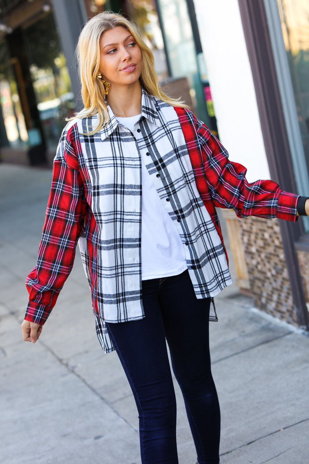 Red & White Plaid Color Block Hi Lo Shacket