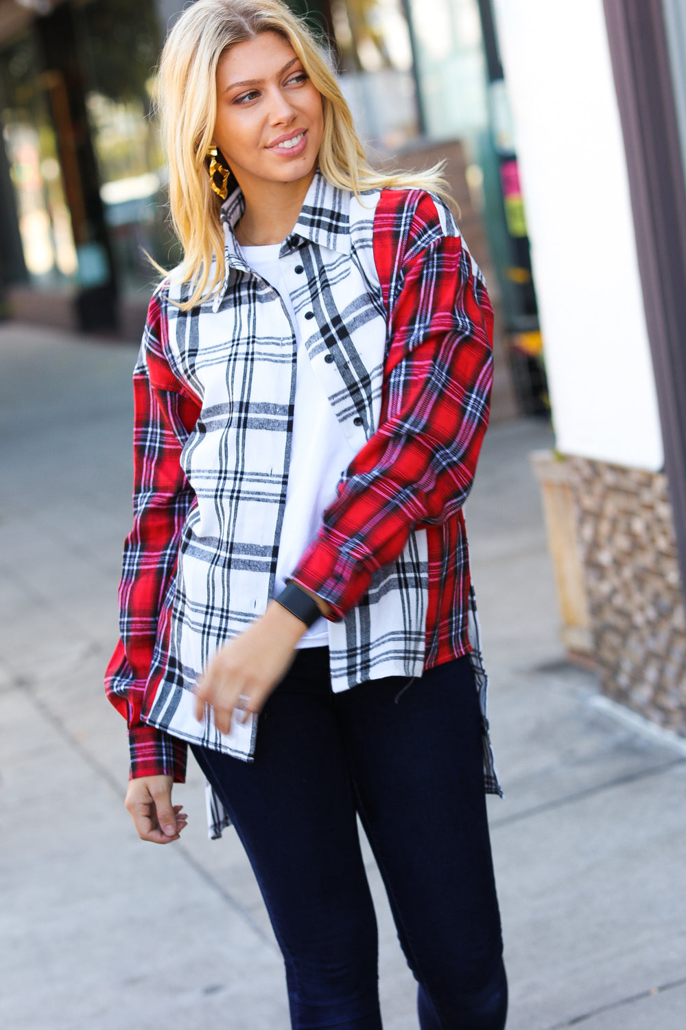 Red & White Plaid Color Block Hi Lo Shacket